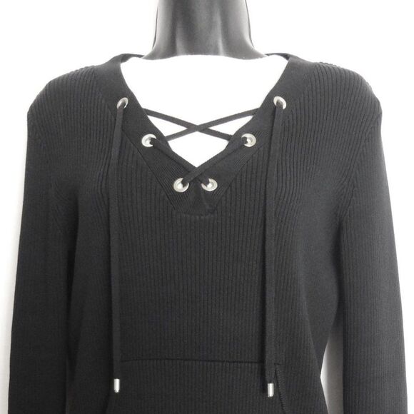 Dana Buchman Black Long Sleeve Sweater Size Medium Front Lace Detail Knit Top - Picture 3 of 7